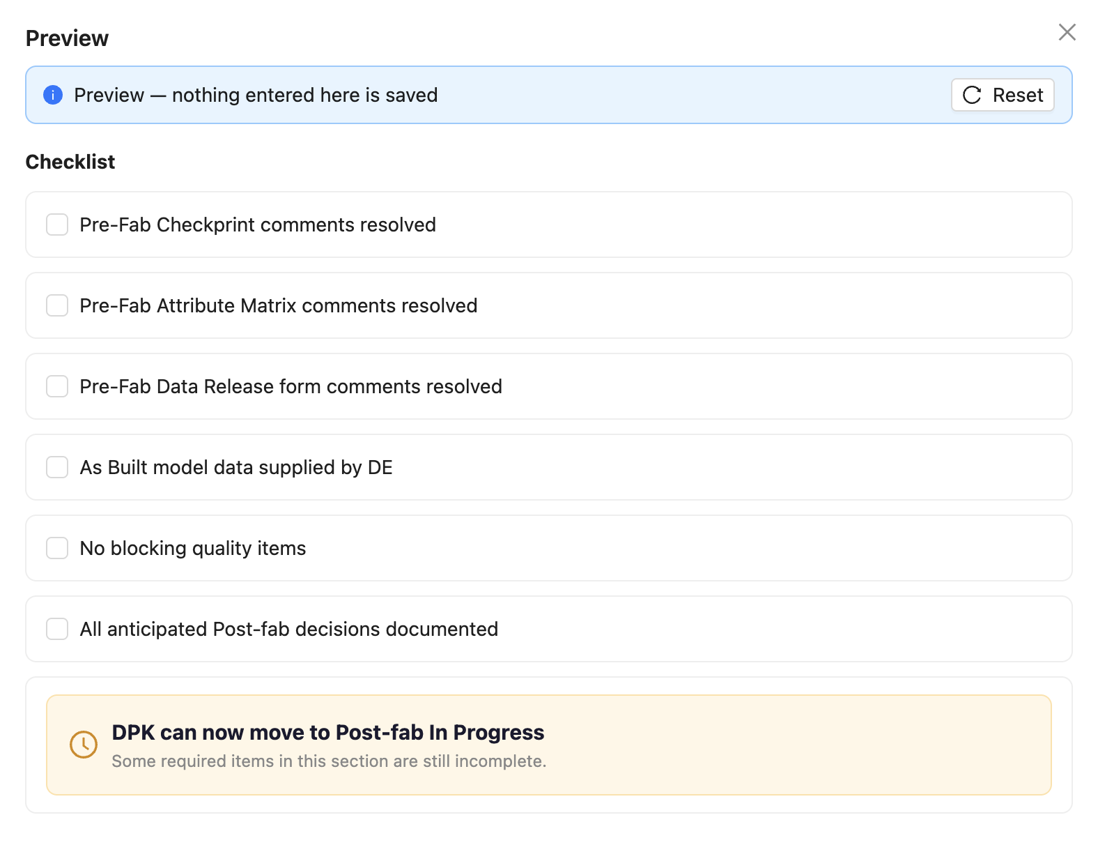Reference screenshot: a Preview panel with a title bar, an info banner with a Reset action, a six-item checklist, and a warning callout